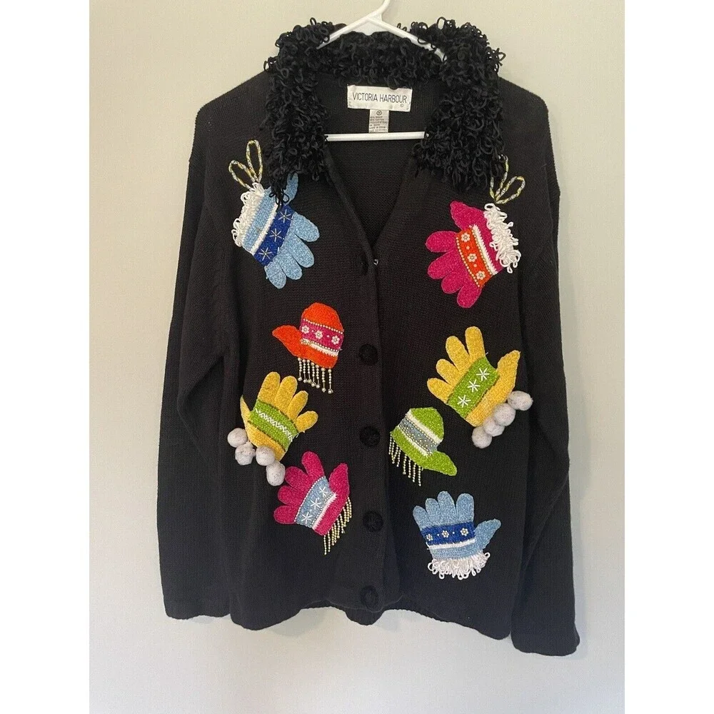 Vintage Victoria Harbour Winter Mittens Cardigan Sweater Black Size M Grannycore